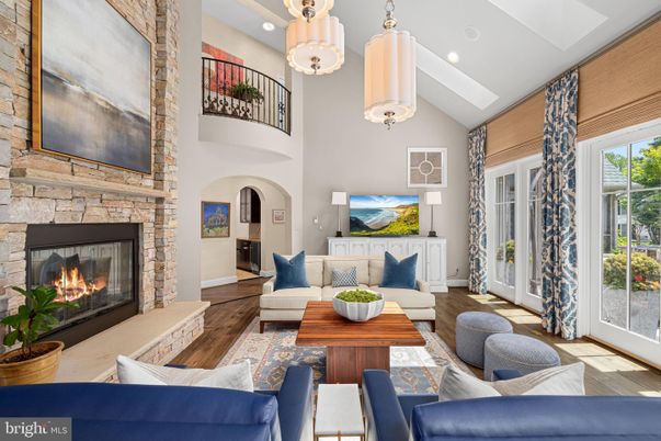 Fireplace, Interior, Living room, Pendant Lights, Recessed Lighting, Stone Walls, Wood Texture Flooring