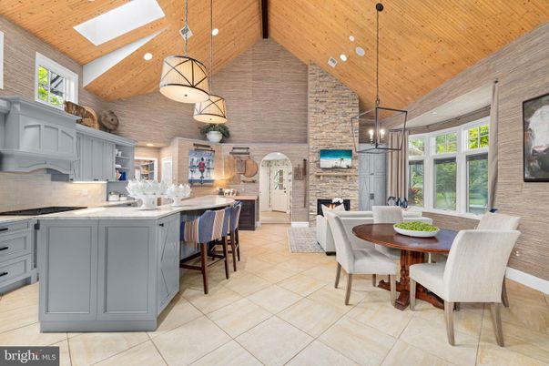 Dining room, Fireplace, Interior, Kitchen, Pendant Lights, Recessed Lighting, Stone Walls, Wooden Beams, Wooden Ceilings