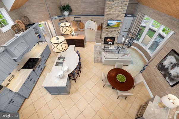 Dining room, Fireplace, Interior, Living room, Stone Walls, Wooden Beams