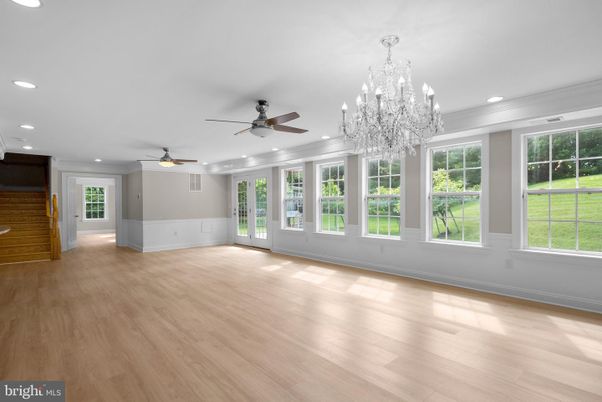 Chandelier, Empty room, Interior, Recessed Lighting, Wood Texture Flooring
