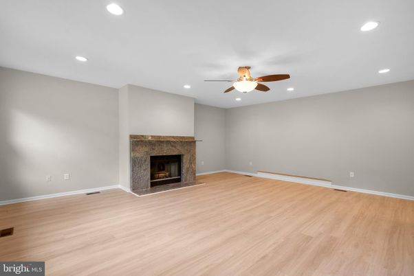 Empty room, Fireplace, Interior, Recessed Lighting, Wood Texture Flooring