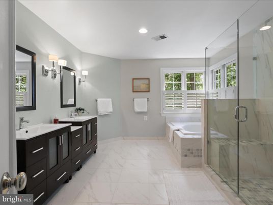 Bathroom, Dual Sink Vanities, Glass Shower, Interior, Marble, Recessed Lighting