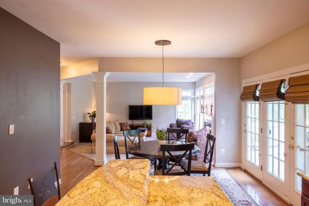 Dining room, Interior, Living room, Pendant Lights, Wood Texture Flooring