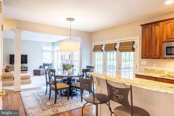 Dining room, Fireplace, Interior, Kitchen, Living room, Pendant Lights, Recessed Lighting, Wood Texture Flooring