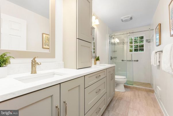 Bathroom, Dual Sink Vanities, Glass Shower, Interior, Wood Texture Flooring