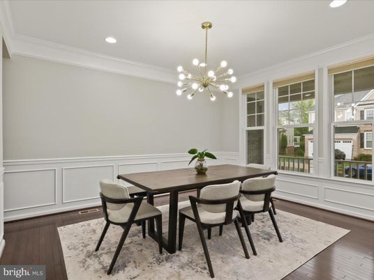 Dining room, Interior, Pendant Lights, Recessed Lighting, Wood Texture Flooring