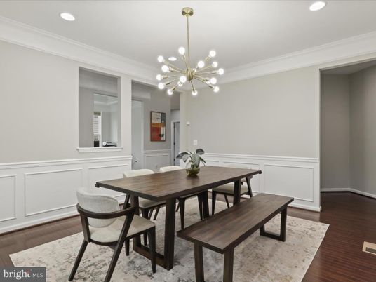 Dining room, Interior, Pendant Lights, Recessed Lighting, Wood Texture Flooring