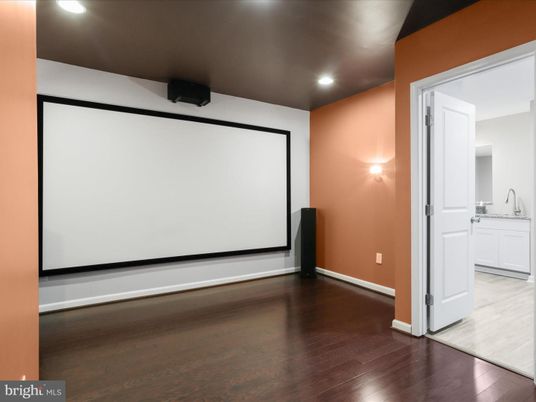 Empty room, Interior, Projection Screen, Recessed Lighting, Wood Texture Flooring
