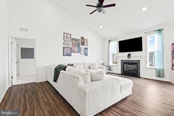 Bedroom, Fireplace, Interior, Living room, Recessed Lighting, Wood Texture Flooring
