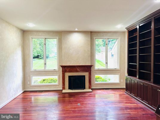 Empty room, Fireplace, Interior, Recessed Lighting, Wood Texture Flooring