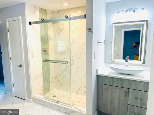 Bathroom, Glass Shower, Interior, Marble, Marble Walls, Recessed Lighting