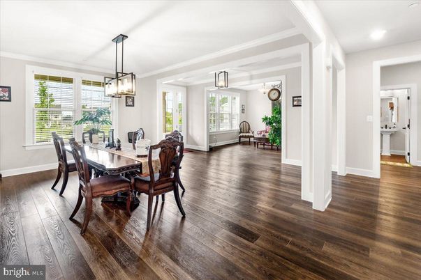 Dining room, Interior, Pendant Lights, Recessed Lighting, Wood Texture Flooring