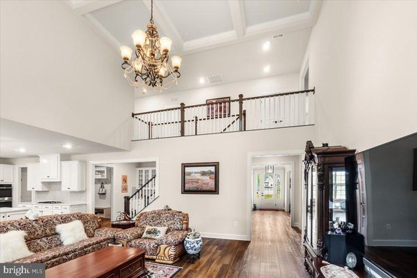 Chandelier, Interior, Kitchen, Living room, Recessed Lighting, Wood Texture Flooring