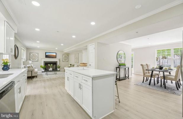 Dining room, Fireplace, Interior, Kitchen, Living room, Recessed Lighting, Wood Texture Flooring