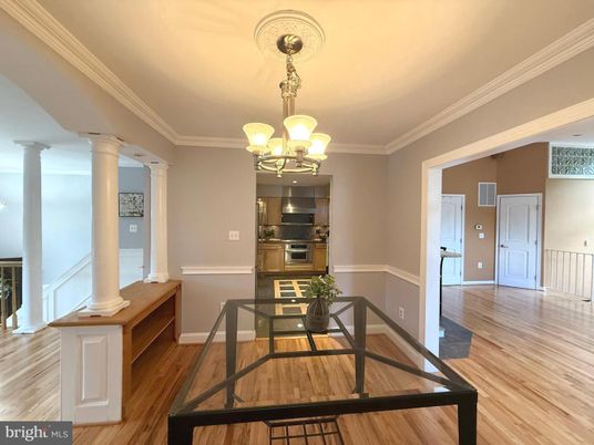 Chandelier, Interior, Kitchen, Stainless Steel Appliances, Wood Texture Flooring