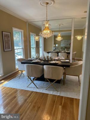 Chandelier, Dining room, Interior, Wood Texture Flooring