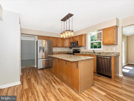 Interior, Kitchen, Pendant Lights, Stainless Steel Appliances, Wood Texture Flooring