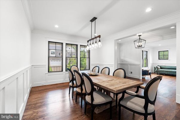 Dining room, Interior, Pendant Lights, Recessed Lighting, Wood Texture Flooring