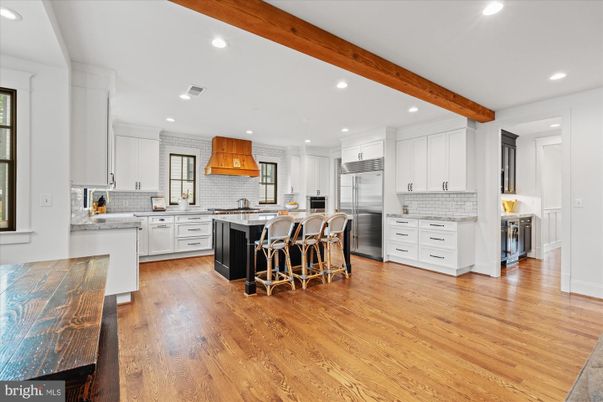 Interior, Kitchen, Recessed Lighting, Stainless Steel Appliances, Wooden Beams, Wood Texture Flooring