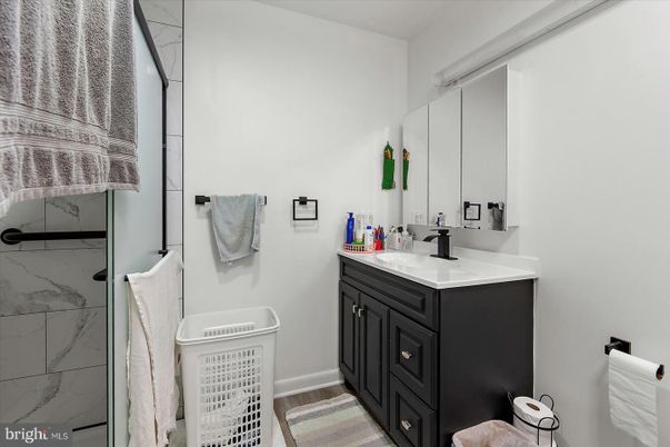 Bathroom, Interior, Marble Walls, Wood Texture Flooring