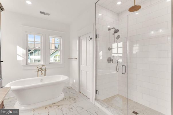 Bathroom, Free Standing Baths, Glass Shower, Interior, Marble, Recessed Lighting