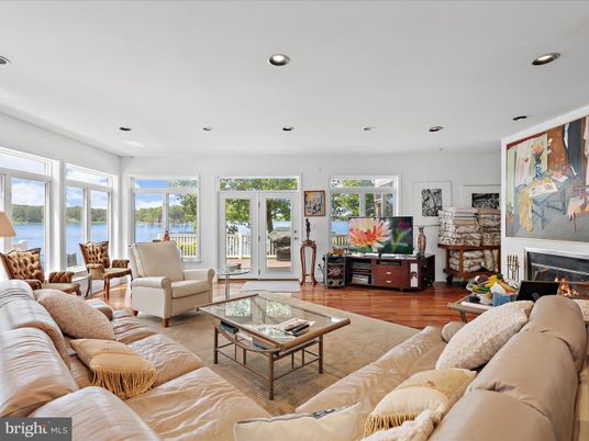 Fireplace, Interior, Living room, Recessed Lighting, Water, Wood Texture Flooring