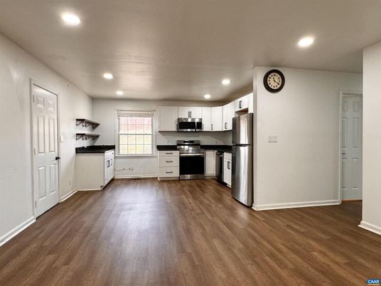 Interior, Kitchen, Recessed Lighting, Stainless Steel Appliances, Wood Texture Flooring