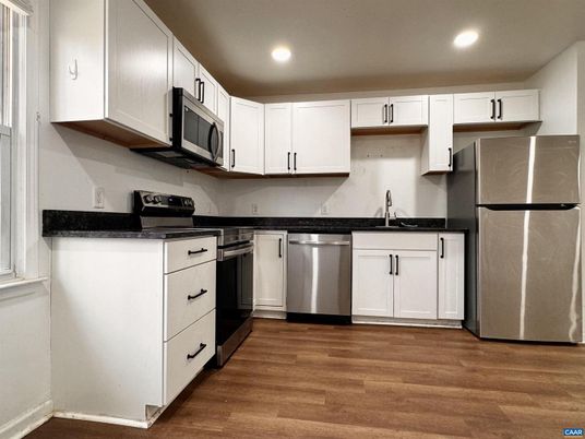 Interior, Kitchen, Recessed Lighting, Stainless Steel Appliances, Wood Texture Flooring