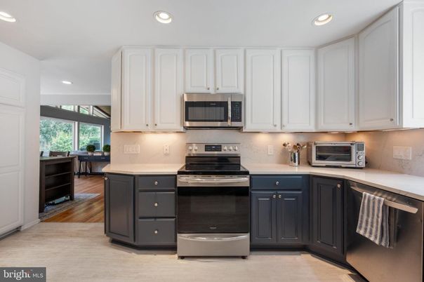 Interior, Kitchen, Recessed Lighting, Stainless Steel Appliances, Wood Texture Flooring