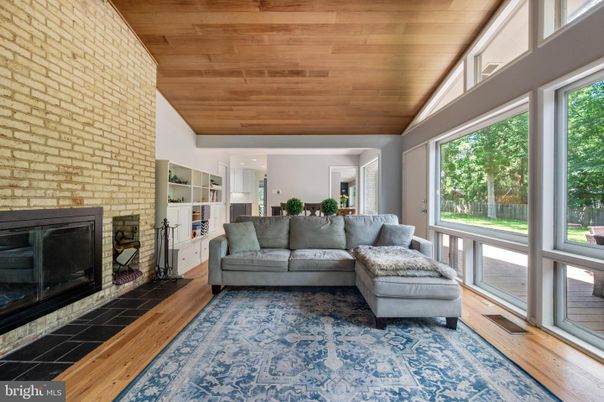 Fireplace, Interior, Kitchen, Living room, Recessed Lighting, Stone Walls, Wooden Ceilings, Wood Texture Flooring