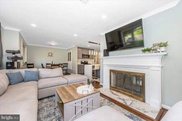Dining room, Fireplace, Interior, Kitchen, Living room, Pendant Lights, Recessed Lighting, Stainless Steel Appliances