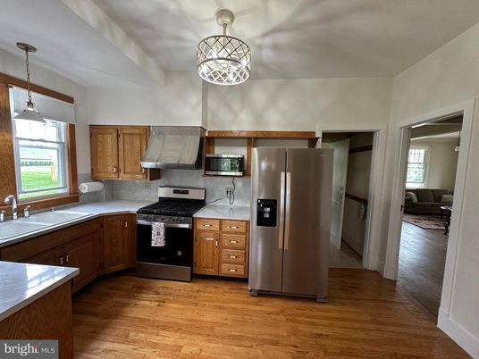 Interior, Kitchen, Pendant Lights, Stainless Steel Appliances, Wood Texture Flooring