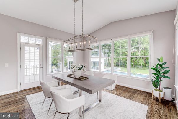 Dining room, Interior, Pendant Lights, Wood Texture Flooring