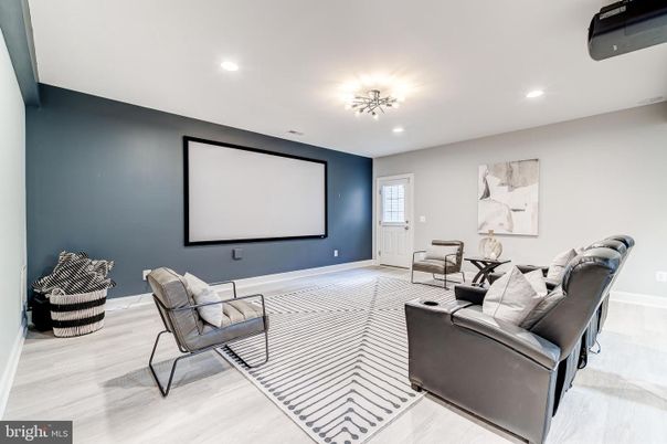 Interior, Projection Screen, Recessed Lighting, Theatre Room, Wood Texture Flooring