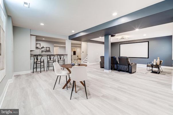Dining room, Interior, Projection Screen, Recessed Lighting, Wood Texture Flooring