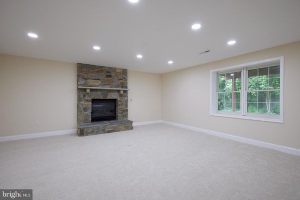 Empty room, Fireplace, Interior, Recessed Lighting, Stone Walls