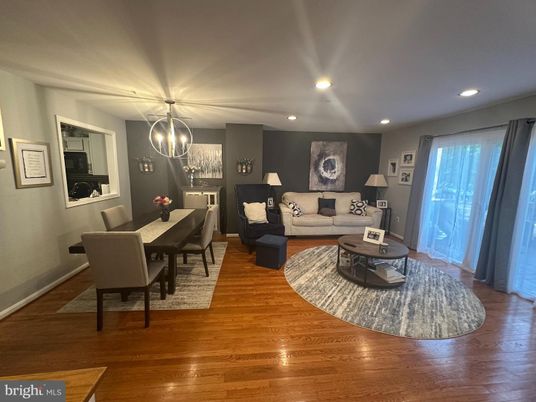 Dining room, Interior, Living room, Pendant Lights, Recessed Lighting, Wood Texture Flooring