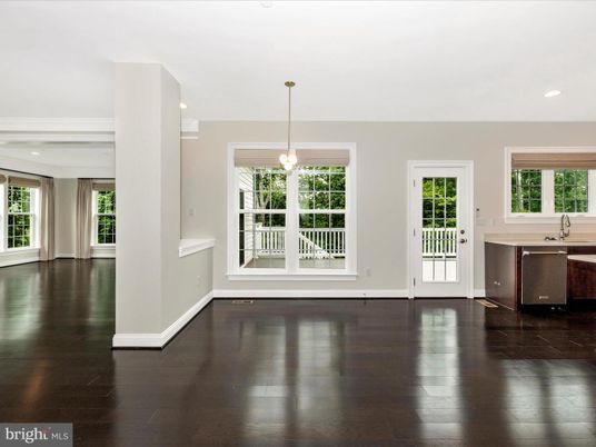 Empty room, Interior, Kitchen, Pendant Lights, Recessed Lighting, Wood Texture Flooring