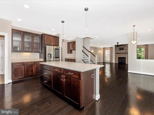 Fireplace, Interior, Kitchen, Pendant Lights, Recessed Lighting, Stainless Steel Appliances, Wood Texture Flooring