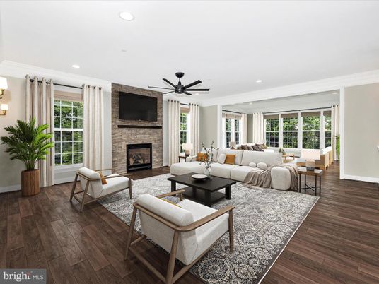 Fireplace, Interior, Living room, Recessed Lighting, Stone Walls, Wood Texture Flooring
