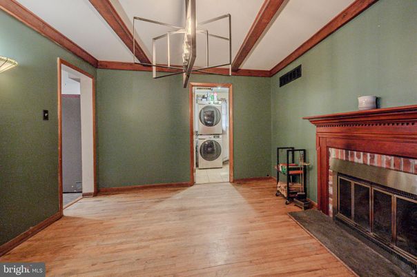 Fireplace, Interior, Pendant Lights, Utility Closets, Washer, Wood Texture Flooring