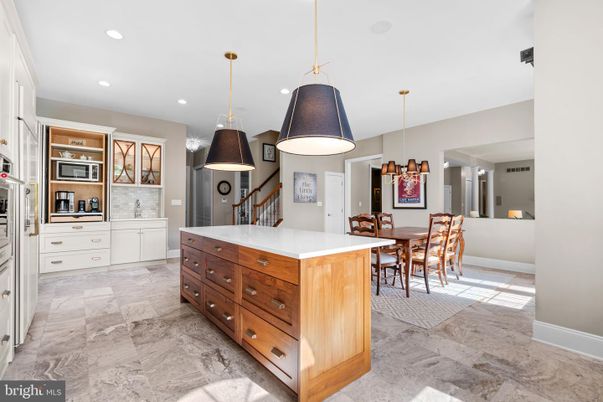 Dining room, Interior, Kitchen, Marble, Pendant Lights, Recessed Lighting, Stainless Steel Appliances