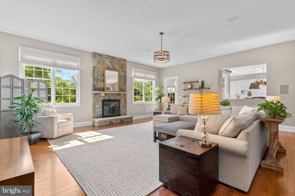 Fireplace, Interior, Living room, Pendant Lights, Stone Walls, Wood Texture Flooring