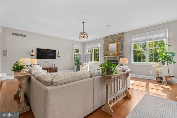 Fireplace, Interior, Living room, Pendant Lights, Stone Walls, Wood Texture Flooring