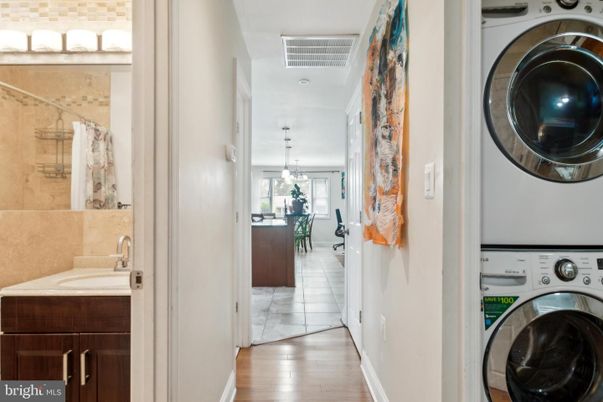 Bathroom, Interior, Pendant Lights, Utility Closets, Washer, Wood Texture Flooring