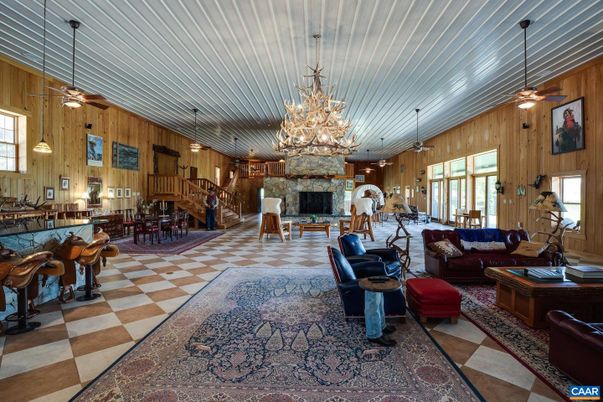 Chandelier, Dining room, Fireplace, Interior, Living room, Pendant Lights, Wooden Walls
