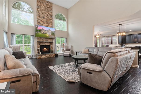 Fireplace, Interior, Kitchen, Living room, Pendant Lights, Recessed Lighting, Stone Walls, Wood Texture Flooring