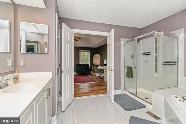 Bathroom, Dual Sink Vanities, Glass Shower, Interior, Wood Texture Flooring