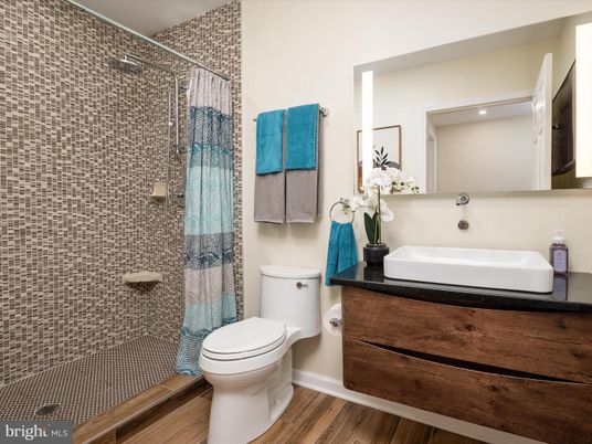 Bathroom, Glass Shower, Interior, Recessed Lighting, Wood Texture Flooring
