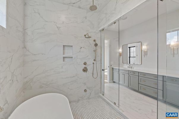 Bathroom, Dual Sink Vanities, Glass Shower, Interior, Marble, Marble Walls